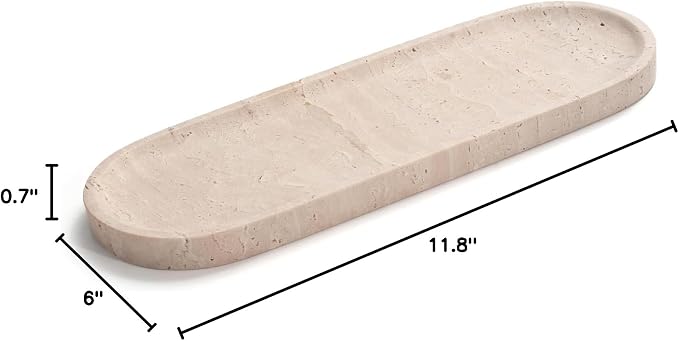 Oval Travertine Stone Tray for Jewelry, Candles, Perfume, Decorative Marble Bathroom Tray for Countertop Organizer 11.8inch x 6inch x 0.7inch