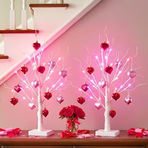 Valentines Day Decorations 2Pack Birch Tree with Hanging Heart-Shaped Ornaments, Lighted Artificial Trees with 24 LED Pink&Red Lights, Light Up Twig Tabletop Battery Operated for Home Indoor Table by EAMBRITE