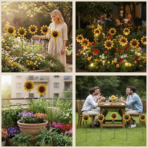 Sunflowers Metal Yard Art Wind Spinners Outdoor Decoration Stakes | 5pcs Lawn Ornaments, Lawn Decorations Garden Stakes, Metal Outside Decor for Flower Garden Decor, Sunflower Gift for Women