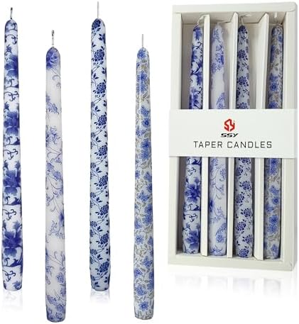 10 inche Floral Candle Sticks Printed Candlestick 4 Pack Blue and White Porcelain Unscented Taper Candle Long Blue Flower Tapered Candles for Home Dinner Wedding Holiday by XINAOBAOLUO