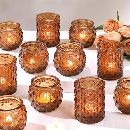 DARJEN Amber Votive Candle Holders Set of 24- Round Candle Holders Bulk, Glass Candle Holder for Vintage Decoration, Tea Lights Candle Holders for Wedding Home Party & Gift by DARJEN