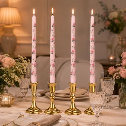 Print Taper Candles Dripless Candlesticks - 4pcs Handmade Floral Candle Long Candle Sticks 10inches Flower Tapered Candles for Home Party Wedding Restaurant Holiday Decor,8D4T-RONEW - Image 4