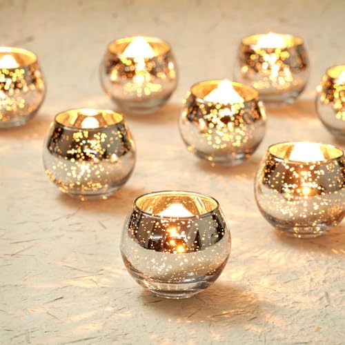 Homemory 12 Pcs Silver Votive Candle Holders, Round Mercury Glass Candle Holder, Tealight Candle Holders for Table Centerpieces, Baby Shower, Anniversary, Wedding, Home Decor, Halloween, Christmas by Homemory