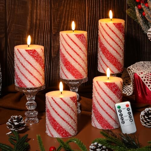 Lonfliness 5 Pcs Christmas Stripe Flameless LED Candles 6 Inch Christmas Candy Cane Candles with Sea Salt Granules Battery Operated Flickering Candlestick for Xmas Holiday Party Wedding Decor by Lonfliness