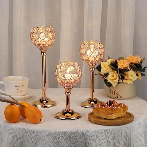 Candle Holder Candlestick Holders- 1Set Gold Crystal Pillar Candle Holders,Metal Candlestick Stands for Wedding Centerpieces,Table Decor for Church,Valentine's Day Housewarming Gift,3Pcs - Image 2