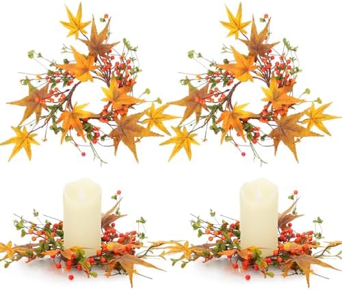 Daifunli 2 Pcs Fall Candle Ring Wreath for Pillar 3.5 Inch Maple Leaf Berry | Vintage Autumn Candles Holder, Farmhouse Table Centerpiece, Mini Fall Cabinet Wreath, for Thanksgiving Autumn Kitchen Decor by Huiinen