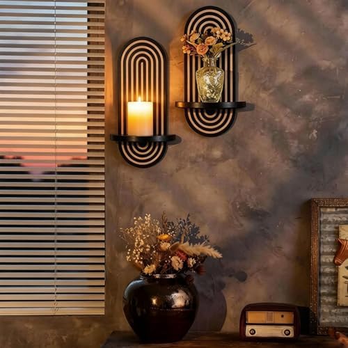 Black Arch Candle Sconces Set of 2, Wooden Wall Mounted Candle Holders for Pillar Candles & Tealight Candles, Boho Farmhouse Wall Decor for Hallway Fireplace Bedroom Living Room - Image 3