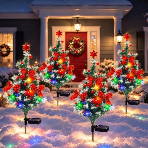 Solar Christmas Trees for Outside Decorations, Mini Pathway Lights, 4 Pack by JOHUNT