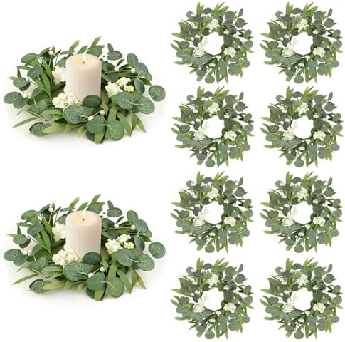 8 Pcs Green Artificial Eucalyptus Candle Rings Wreaths Mini Green Kitchen Cabinet Wreath Table Centerpieces Spring Summer with White Berry for Pillars Farmhouse Porch Front Door Wedding Decor by Unknown
