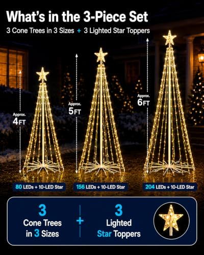3-Piece Smart Outdoor Christmas Cone Tree Lights, 4FT 5FT 6FT - Image 4