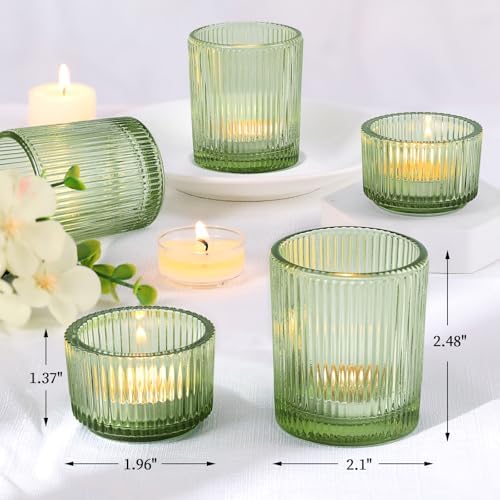 NITIME 10pcs Ribbed Green Votive Candle Holders for Wedding Table Decor, Assorted Tea Light Candle Holder Glass, Green Candle Holders for Table Centerpieces, Brithday and Tea Party Decorations - Image 2