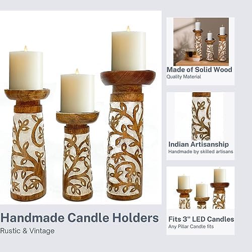 Perilla Home Wood Texture Candlestick Holders Set of 3 - Candle Holders for Candlesticks, Taper Candles, Anniversary, Dinning Table Vintage Candle Holder Centerpiece - (12x10x8 Brown and White) - Image 3