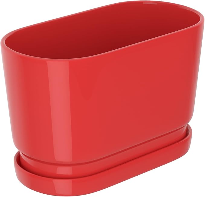 13" Rectangular Ceramic Planter with Drainage and Saucer, Red | Indoor Outdoor Use, 13"L x 5.5"W x 6.3"H, Modern Home Decor, Window Box Planter, Red Glossy Finish