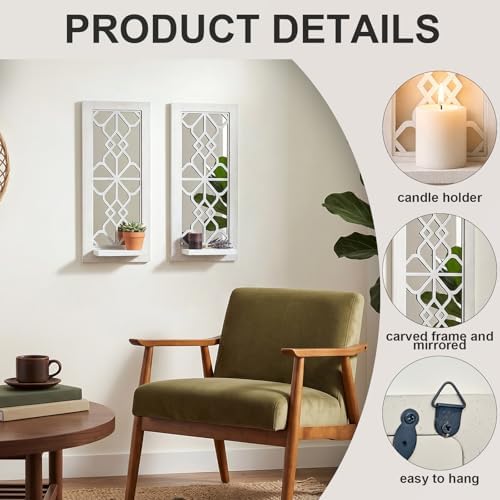 ZEXUIRU 2 Set Rustic Candle Sconces Living Room Bedroom Entryway Wood Mirrored, Farmhouse, Carved Frame Wall-Mount Wooden Candle Holders Wall Decor Hanging Handmade Holder - Distressed White - Image 6