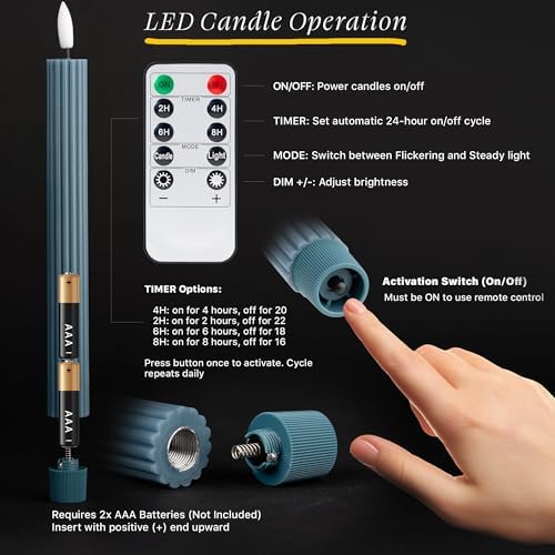 12 Pack, 10" LED Flameless Blue Fluted Ribbed Grooved Taper Candles with 2 Remotes & 24h Timer Memory, On/Off Button, Dimmable, Flicker Mode, Battery Operated, Christmas Menorah Wedding - Image 5