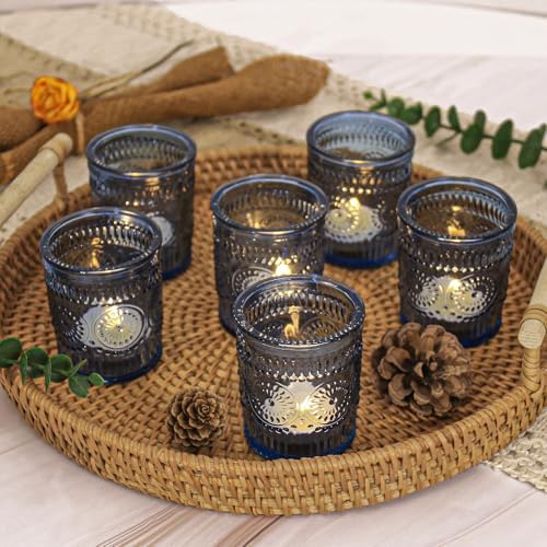 48 Pcs Blue Glass Votive Candle Holders, Tealight Candle Holders for Table Centerpieces, Vintage Candle Holder Bulk, Boho Wedding, Home, Bridal Shower, Birthday Party Table Decor (Blue) by JALANCY