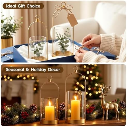 Gold Hurricane Candle Holder, Versatile Metal Candle Holder with Thick Glass Shield for Pillar Candles, Plants, Decorative Candle Lantern for Thanksgiving Christmas Party Table Centerpiece - Image 3