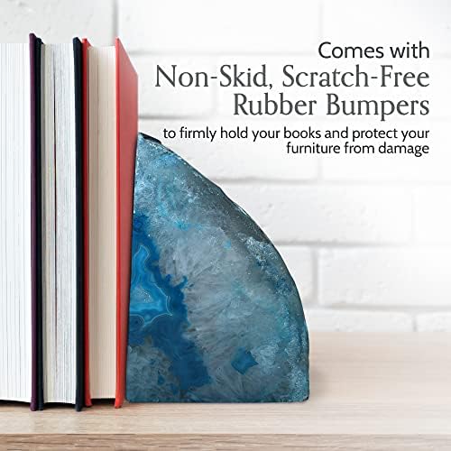 Nature's Decorations Teal Agate Bookends – A+ Grade Geode Heavy Duty Decorative Stone Crystal Book Ends for Shelves & Bookcases, Natural Polished Bookshelf Decor, 1 Pair 3-4Lbs