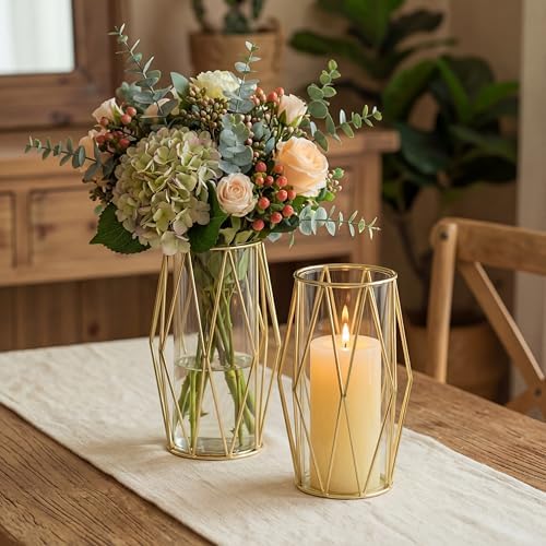 NUPTIO Gold Geometric Hurricane Glass Candle Holders, Set of 2 by Nuptio