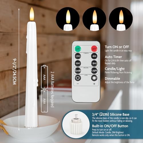 Dripless Flameless Taper Candles with Remote, Real Wax Battery Operated LED Candles Set with 3D Flickering Flame, 3Pcs White 9.6" Realistic Candlesticks as Mothers Day Gifts, Gifts for Mom - Image 2