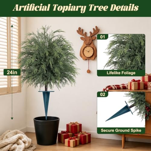 2PCS Arborvitae Cedar Topiary Trees with Spike, Christmas Decor - Image 2