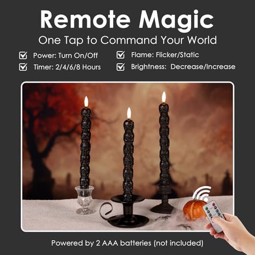 Black Skull Halloween Flameless Taper Candles with Remote Set of 2 - Image 5
