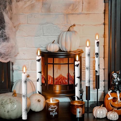 Wondise Halloween Flameless Taper Candles with Remote & Timer, Battery Operated with Spider Web, Bats, Skull, Real Wax 3D Wick LED Candles for Halloween Decorations - Image 3