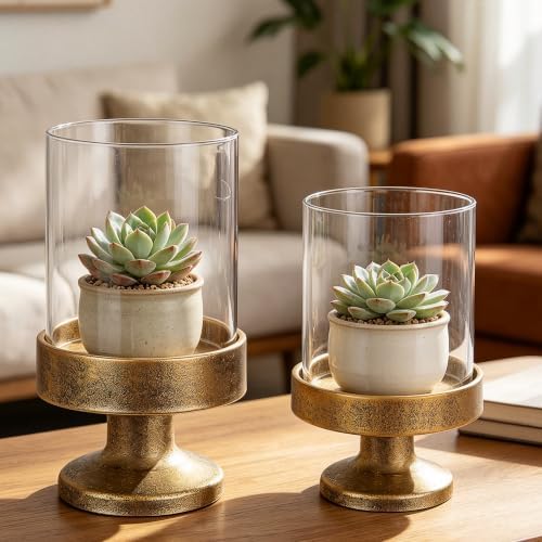 Set of 2 Glass Hurricane Candle Holders for Pillars with Metal Base in Antique Gold, Glass Candle Holder, Centerpiece, for Weddings, Dinner Parties, Dining Tables, Console Tables, Mantels - Image 5
