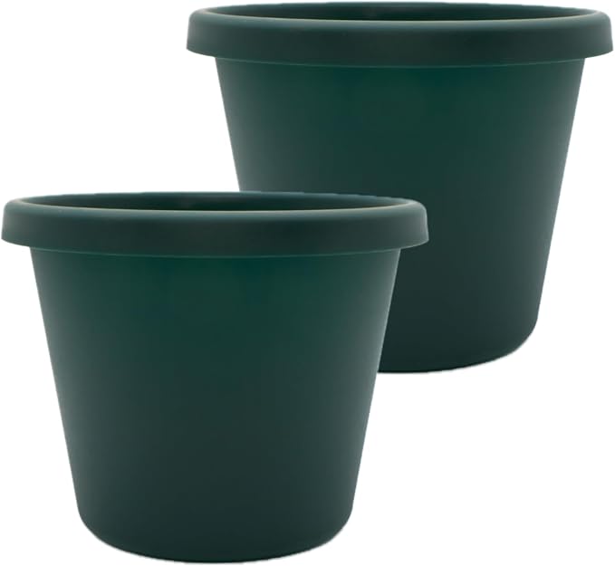 The HC Companies 16 Inch Prima Round Planter Pots with Drainage Holes and Rolled Rim, Lightweight UV-Resistant Plastic Indoor & Outdoor Planters, 2-Pack Flower Pots for Garden & Home Decor, Evergreen