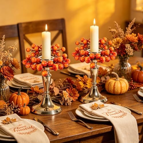 6 PCS Fall Taper Candle Rings Wreaths 1.38" Mini Thanksgiving Taper Candle Holder Wreaths with Orange Berries Autumn Harvest Table Centerpieces Wreath for Wedding Farmhouse Home Candlesticks Decor - Image 2