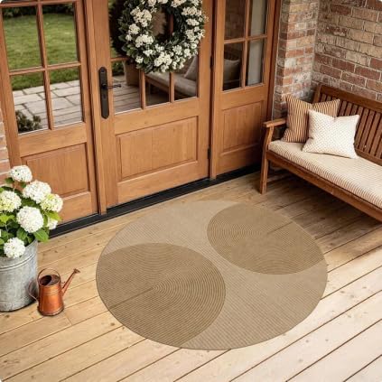Easy Jute Round Rug 3ft: Outdoor Natural Area Rugs for Front Patio Linen-Look Fabric Durable - Neutral Carpet Mat for Entryway Bathroom Non-Slip - Geometric Arch Pattern