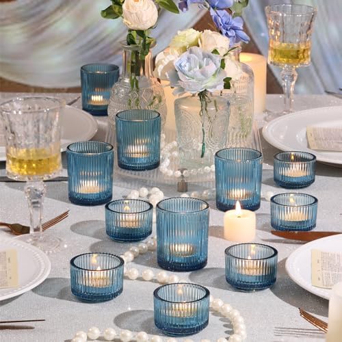 NITIME 10pcs Ribbed Blue Votive Candle Holders, Assorted Tea Light Candle Holder Glass, Blue Candle Holders for Table Centerpiece, Wedding Table Settings and Party Decorations - Image 4