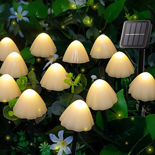 Solar Garden Lights, 12 LED 14.5ft Mini Mushroom Solar Lights Outdoor Waterproof, 2 Modes Lighted Mushroom Shaped Pathway Light for Patio Yard Garden Christmas Fall Decoration（Warm White） by Pellimo