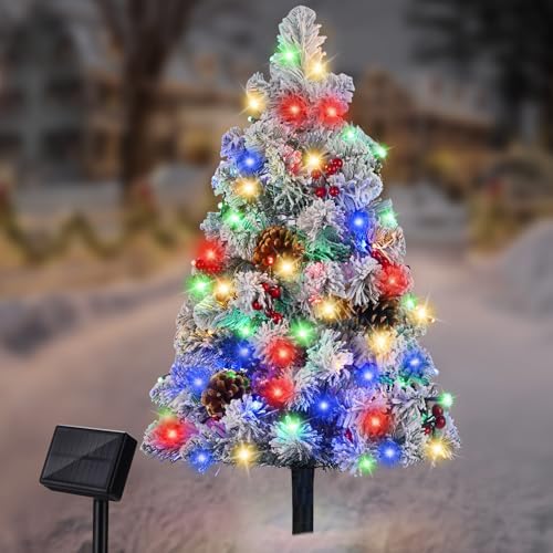3FT Solar Outdoor Christmas Tree, 68LED Snow Flocked Solar Cemetery Christmas Decorations with 8 Lighting Modes, Pine Cones, Berries, Xmas Outside Decor for Grave Pathway Patio, Multicolor by Brightever