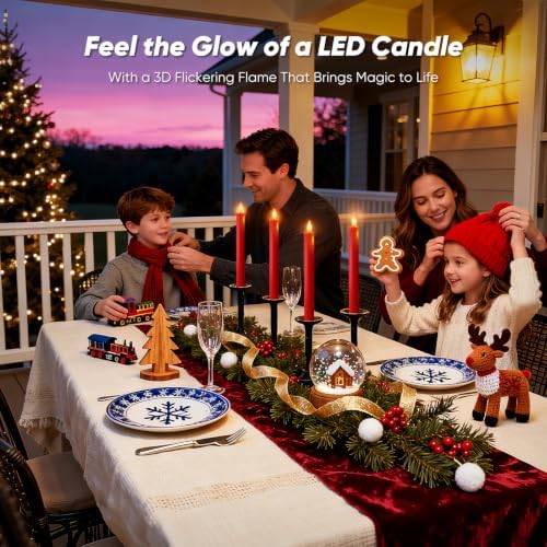 Homemory 6 Pcs Real Wax LED Red Flameless Taper Candles with Remote Timer, 9.6 Inches Fake Candlesticks, Dripless Battery Operated Window Candle with 3D Flickering Flame for Fireplace Xmas Decor - Image 3