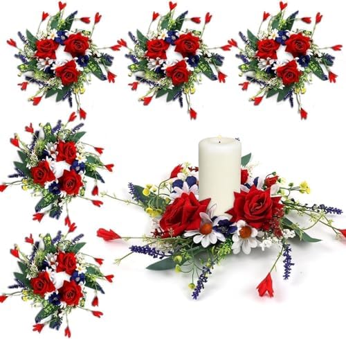 6 Pcs Patriotic Candle Ring Red, White and Blue Floral Veterans Day Wreath for Cabinets Mini Patriotic American Wreath 4th of July Independence Day Rings Wreaths for Pillars Table Window Door Decor by Unknown