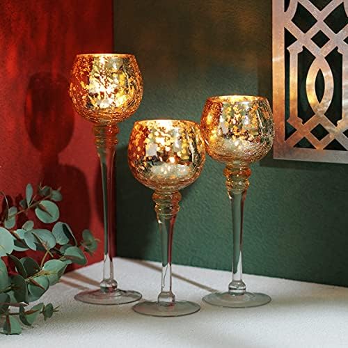 Hosley Set of 3 Crackle Gold Glass Tealight Holders 9 Inches 10 Inches and 12 Inches High Ideal for Weddings Special Events Parties Also Makes a Great Gift O9 - Image 3
