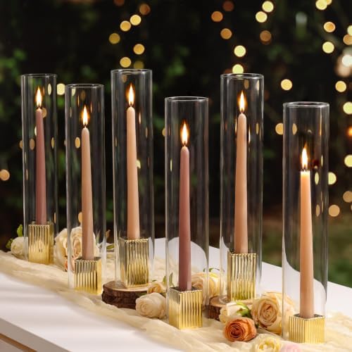 LETINE 14" Tall Hurricane Candle Holders with Gold Ribbed Taper Candle Holders Set of 9– Bulk Windproof Taper Candle Hurricane Glass for Outdoor&Indoors Wedding Centerpiece, Event & Home Decor by LETINE