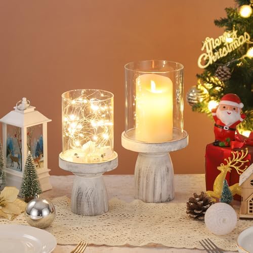 4" & 5" Glass Hurricane Candle Holders with Distressed White Solid Wooden Base in Set of 2, Decorative Centerpiece for Home, Coffee Table, Fireplace Mantel, Wedding, Modern Farmhouse Style - Image 3