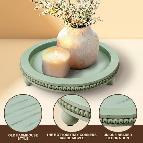 Candle Plate Hold Tray, Sage Round Trays, Wooden Decorative Tray for Coffee Table Decor, Beaded Edge Wood Tray Riser for Living Room Table, Mug Display Decorative, Table Centerpiece, Rustic Green - Image 4