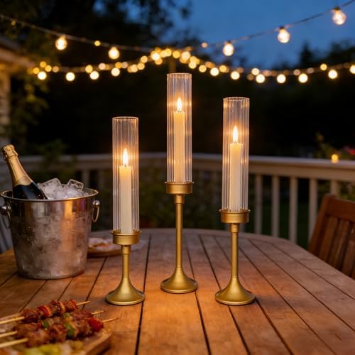 Gold Hurricane Candle Holders - Brass Candlestick Holders Set of 3 - Image 4