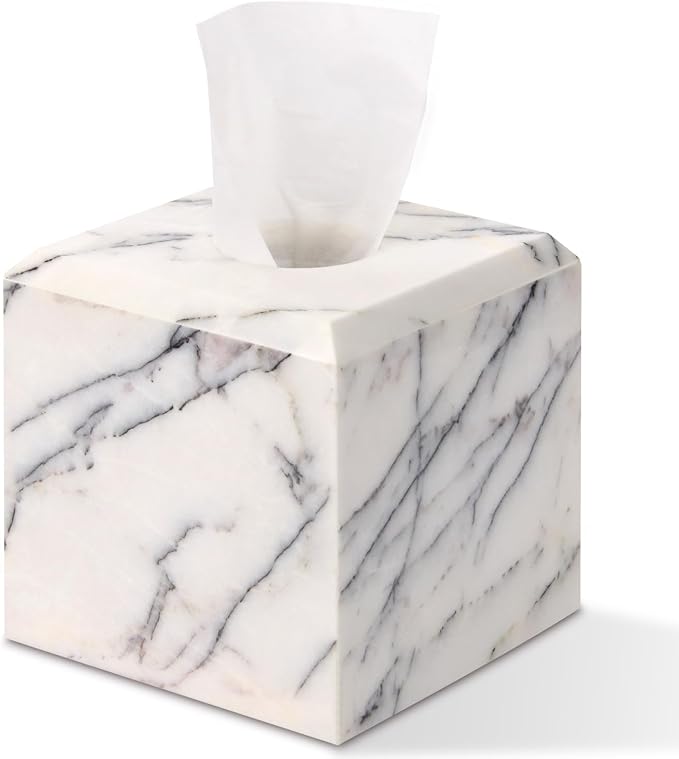 Natural Marble Square Tissue Box Cover,Stone Modern Decorative Sturdy Napkin Box Holder Case,Facial Paper Organizer for Bathroom Vanity Toilet Countertop,Kitchen (1, Lilac, 5.71 * 5.71 * 5.51)
