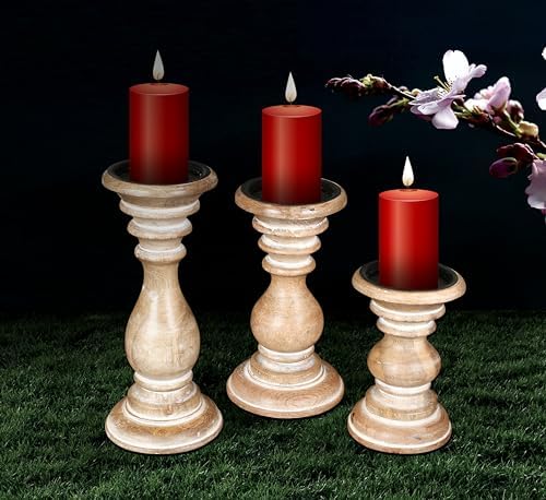 Pillar Candle Holders Set of 3 (10",8" & 6" Height)_White Wash,Candle Holder in Mango Real Wood,Decorative Candle Holders for Table Centerpiece, Wedding, Party, Home Décor, spa, Farmhouse, Gifting - Image 4