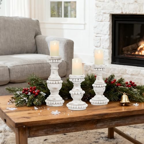 Farmhouse Large Candle Holders for Pillar Candles, Rustic Wooden Beaded Candle Holder, Perfect for Table Centerpieces, Coffee Table or Fireplace Mantel, 3 Piece Set (White) - Image 7