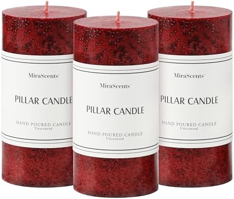 3x6 Inch Burgundy Pillar Candles Set of 3, Unscented Red Pillar Candle by MiraScents