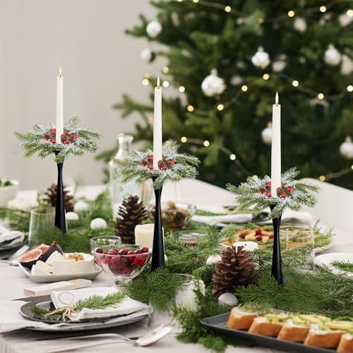 12 PCS Christmas Pine Taper Candle Rings Wreaths 1.38" Mini Snowy Pine Taper Candle Holder Wreaths Candle Rings with Berry Pinecones for Xmas Winter Church Home Table Centerpiece Candlesticks Decor - Image 2