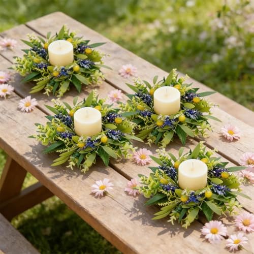 4 PCS Eucalyptus Olive Candle Rings Wreaths Spring Summer Greenery Kitchen Cabinet Wreaths Mini Green Boxwood Leaves Candle Wreath for Pillars Farmhouse Wedding Celebrations Tabletop Decoration - Image 5