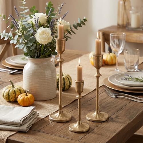3Pcs Antique Brass Candlestick Holders, Iron Taper Candle Holder for Dining Table, Wedding, Fireplace Mantel Decor, Vintage Tall Candle Stands, Christmas & Home Decoration - Image 5