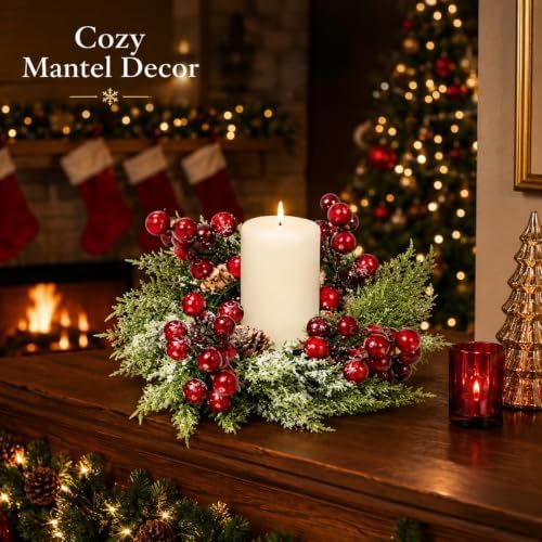 4 Pcs 9inch Christmas Candle Rings Wreath Mini Christmas Table Centerpieces Red Berry Pinecones Wreaths for Kitchen Cabinet for Farmhouse Xmas Front Door Porch Wall Decoration - Image 2
