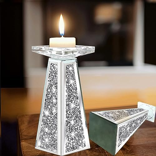 Wocred 2 Piece Candlestick Holders for Holding Pillar Candles, Crystal Crushed Diamond Candle Holders Set Decor for Dinning Room, Silver Glass Votive Candle Holders for Table Centerpiece(8”) - Image 4